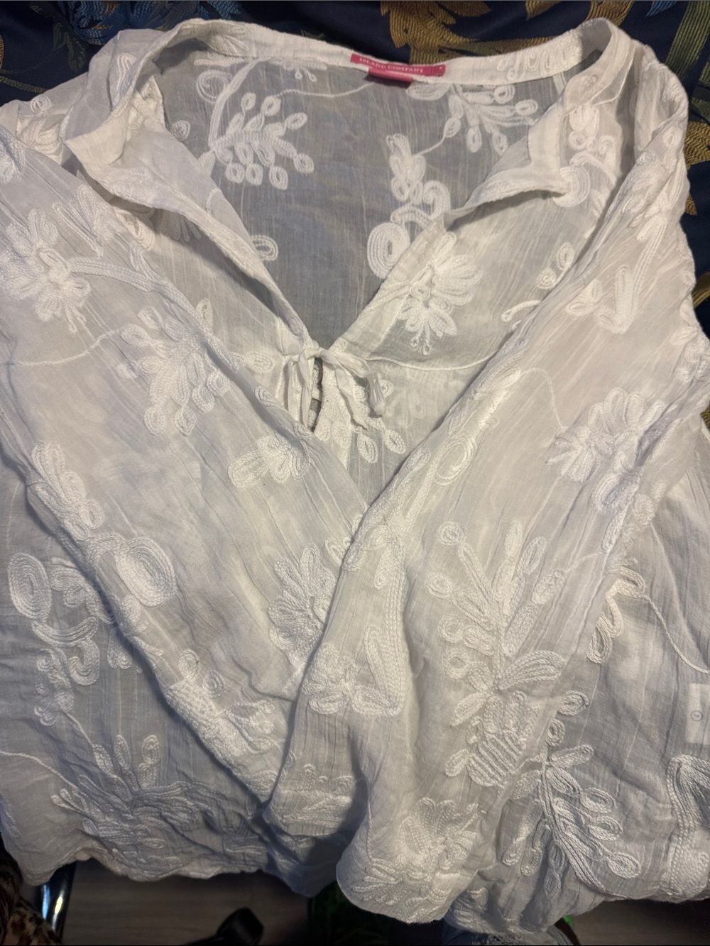 White Embroidered Tie-Front Peasant Top